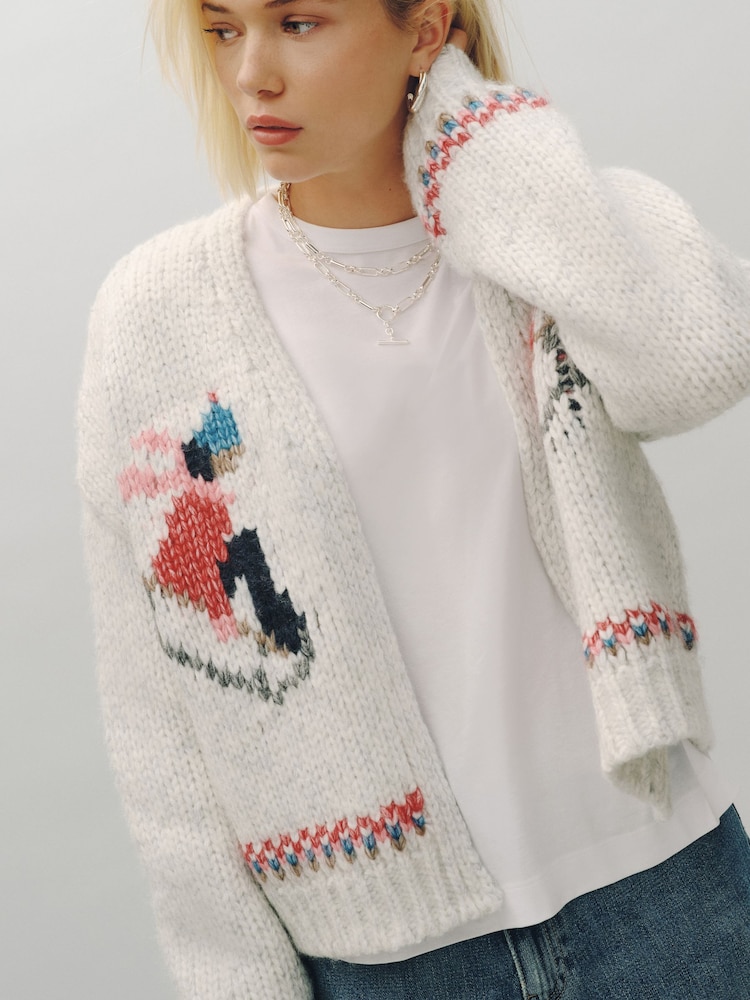 Light Grey Marl Ski Graphic Soft Touch Chunky Knit Open Cardigan - Image 4 of 4 Light Grey Marl Ski Graphic Soft Touch Chunky Knit Open Cardigan - Image 4 of 4