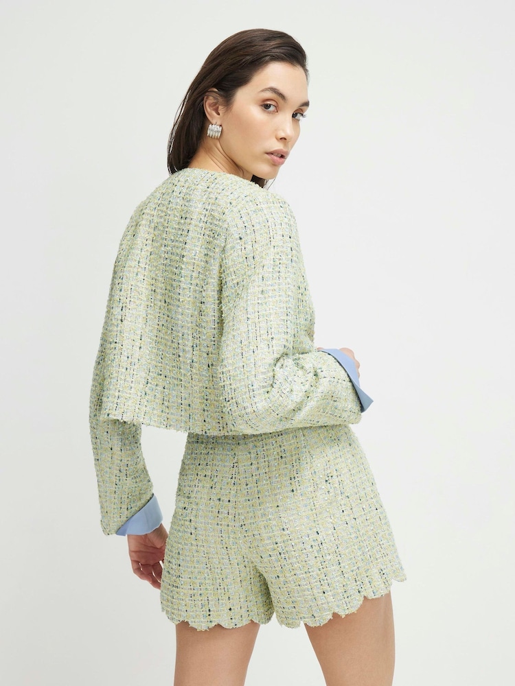 River Island Green Scallop Hem Boucle Shorts - Image 2 of 4