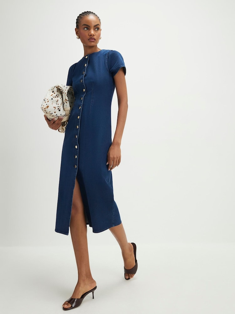 River Island Blue Denim Cap Sleeve Button Through Midi Dress - Image 1 of 4