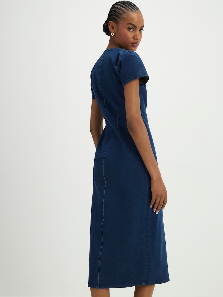 River Island Blue Denim Cap Sleeve Button Through Midi Dress - Image 4 of 4