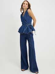 River Island Blue Sleeveless Peplum Denim Tie Front Top - Image 1 of 4