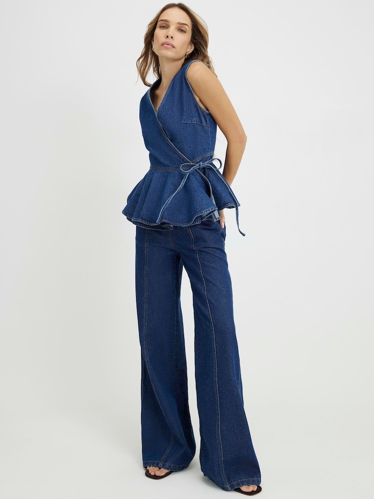 River Island Blue Sleeveless Peplum Denim Tie Front Top - Image 1 of 4