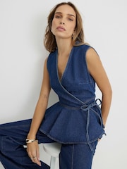 River Island Blue Sleeveless Peplum Denim Tie Front Top - Image 3 of 4