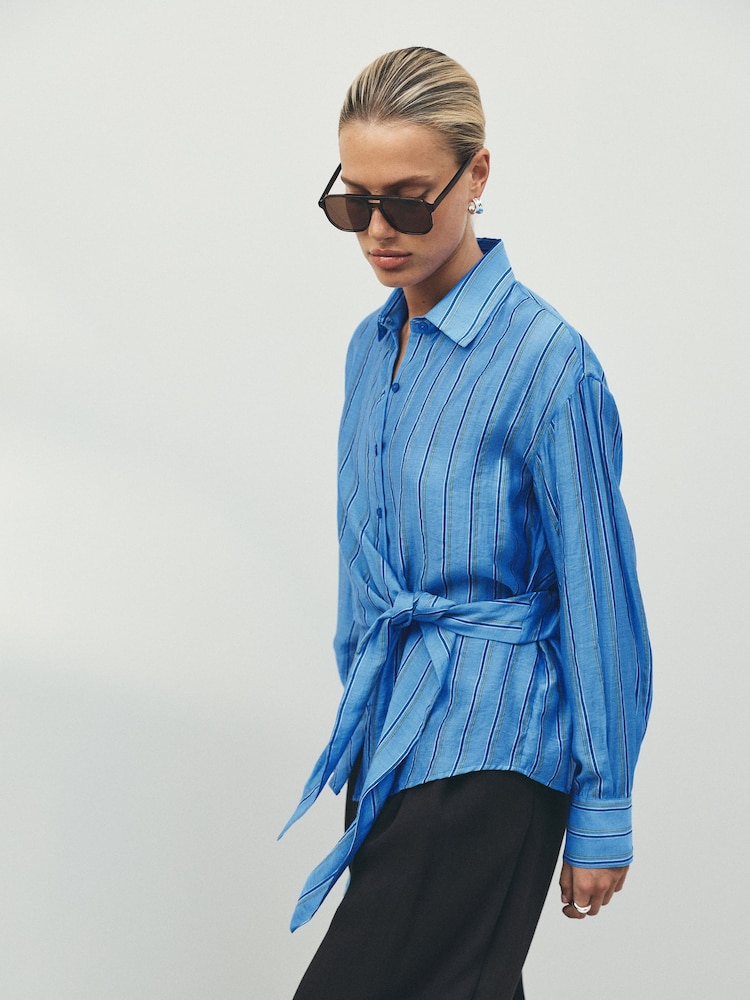 Blue Stripe Lightweight Tie Wrap Long Sleeve Shirt - Image 1 of 5 Blue Stripe Lightweight Tie Wrap Long Sleeve Shirt - Image 1 of 5
