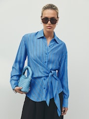 Blue Stripe Lightweight Tie Wrap Long Sleeve Shirt - Image 2 of 5