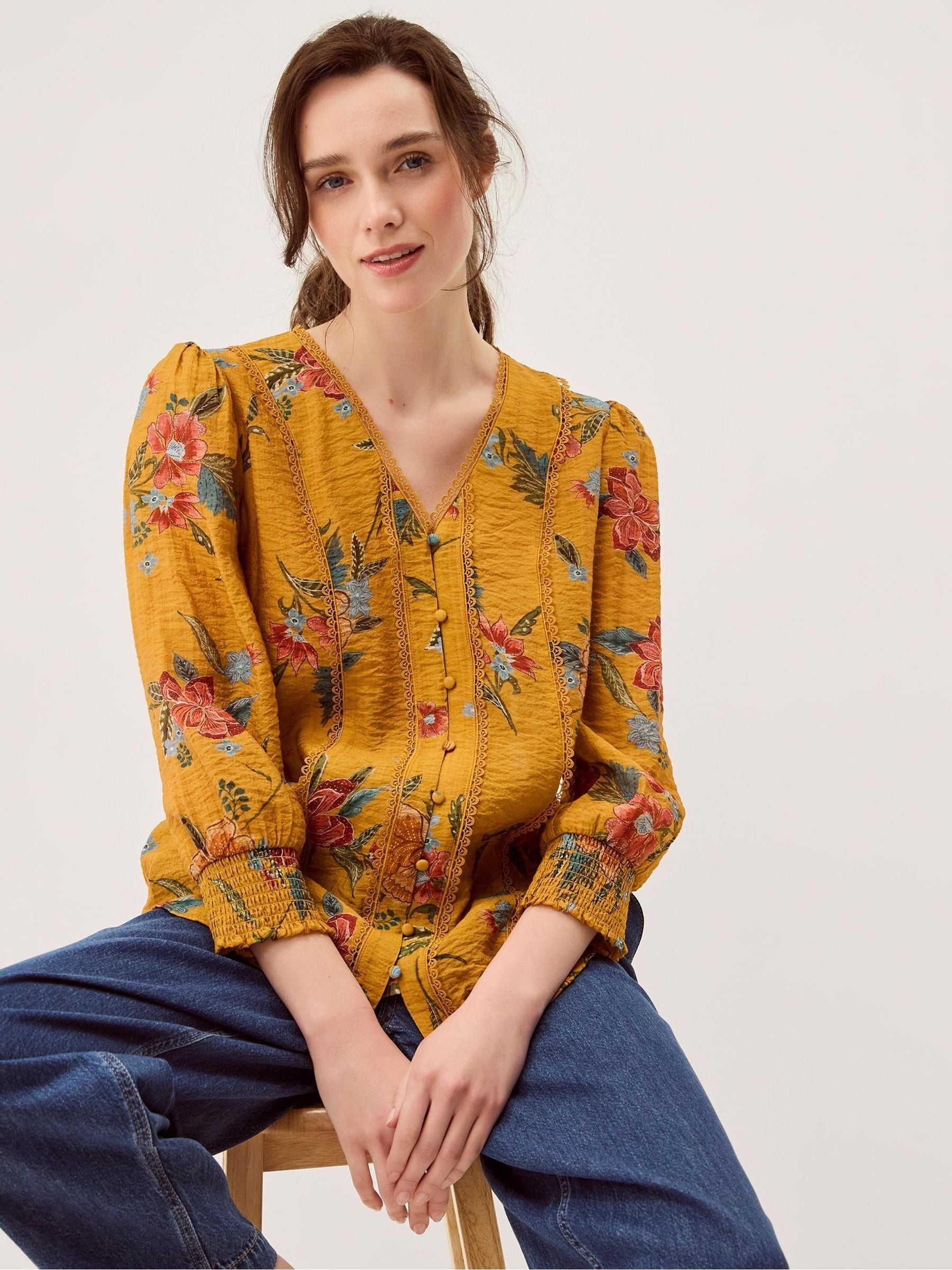 Buy Monsoon Yellow Rosaleigh V-Neck Floral Long Sleeve Blouse from
