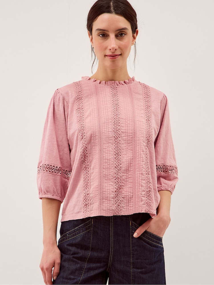Monsoon Pink Lorna ¾ Sleeve Lace Top - Image 2 of 5 Monsoon Pink Lorna ¾ Sleeve Lace Top - Image 2 of 5