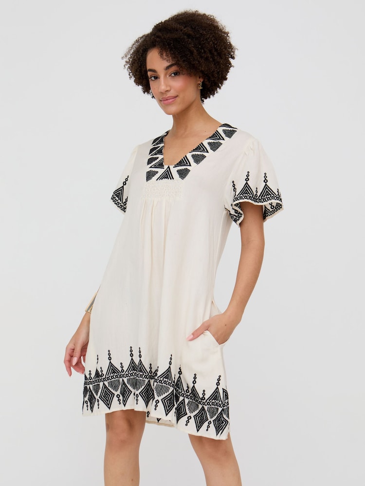 Liberty V-Neck Embroidered Mini Dress - Image 1 of 5 Liberty V-Neck Embroidered Mini Dress - Image 1 of 5