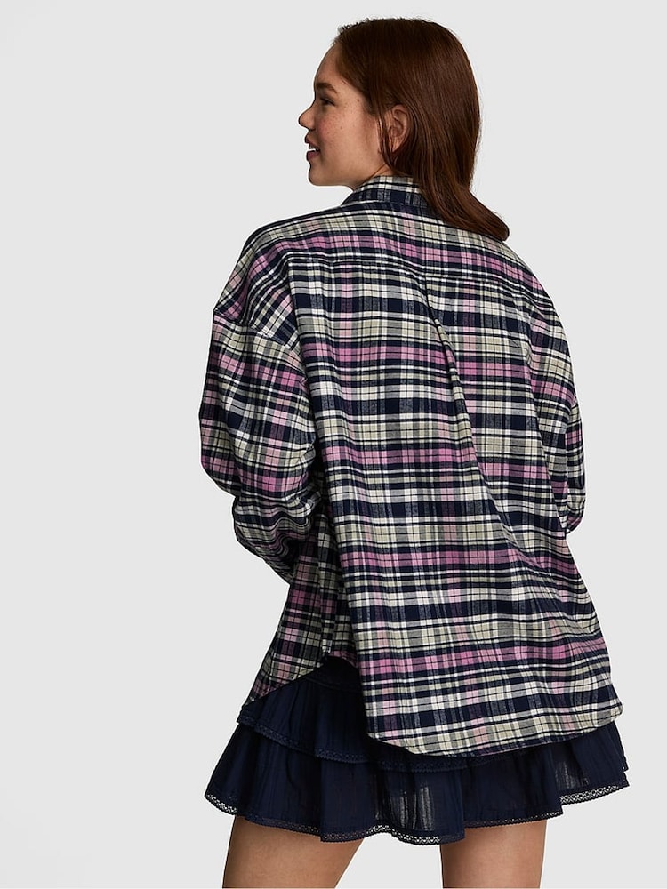 Victoria's Secret Pink Woodland Green Tartan Flannel Pyjama Top - Image 2 of 2