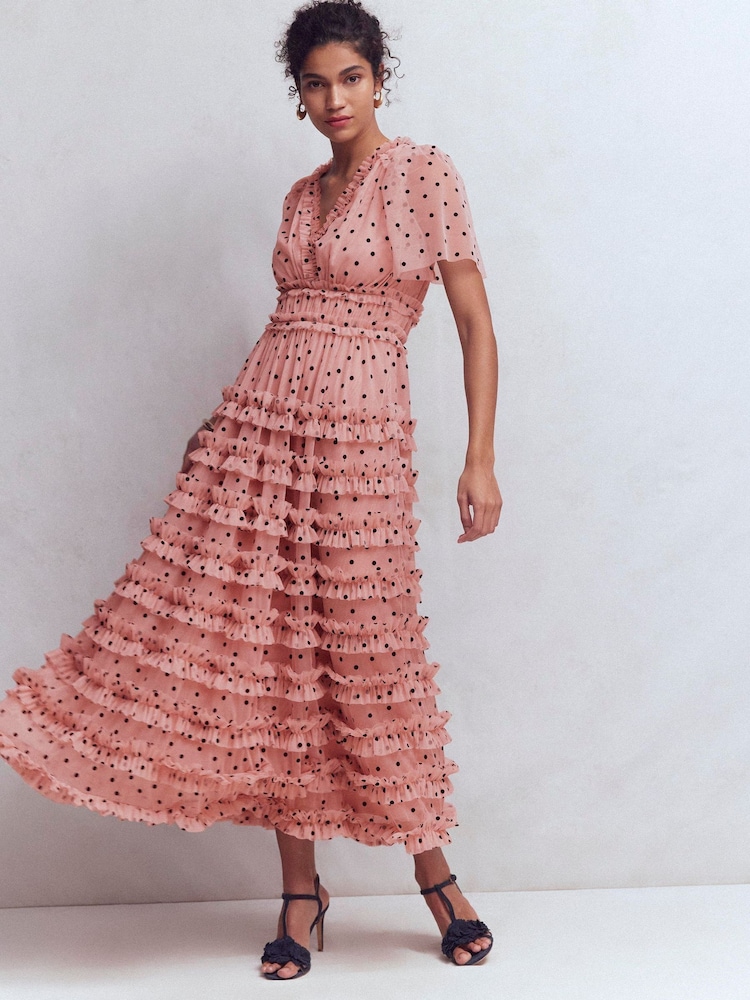 Boden Pink V-Neck Ruffle Tulle Dress - Image 1 of 6