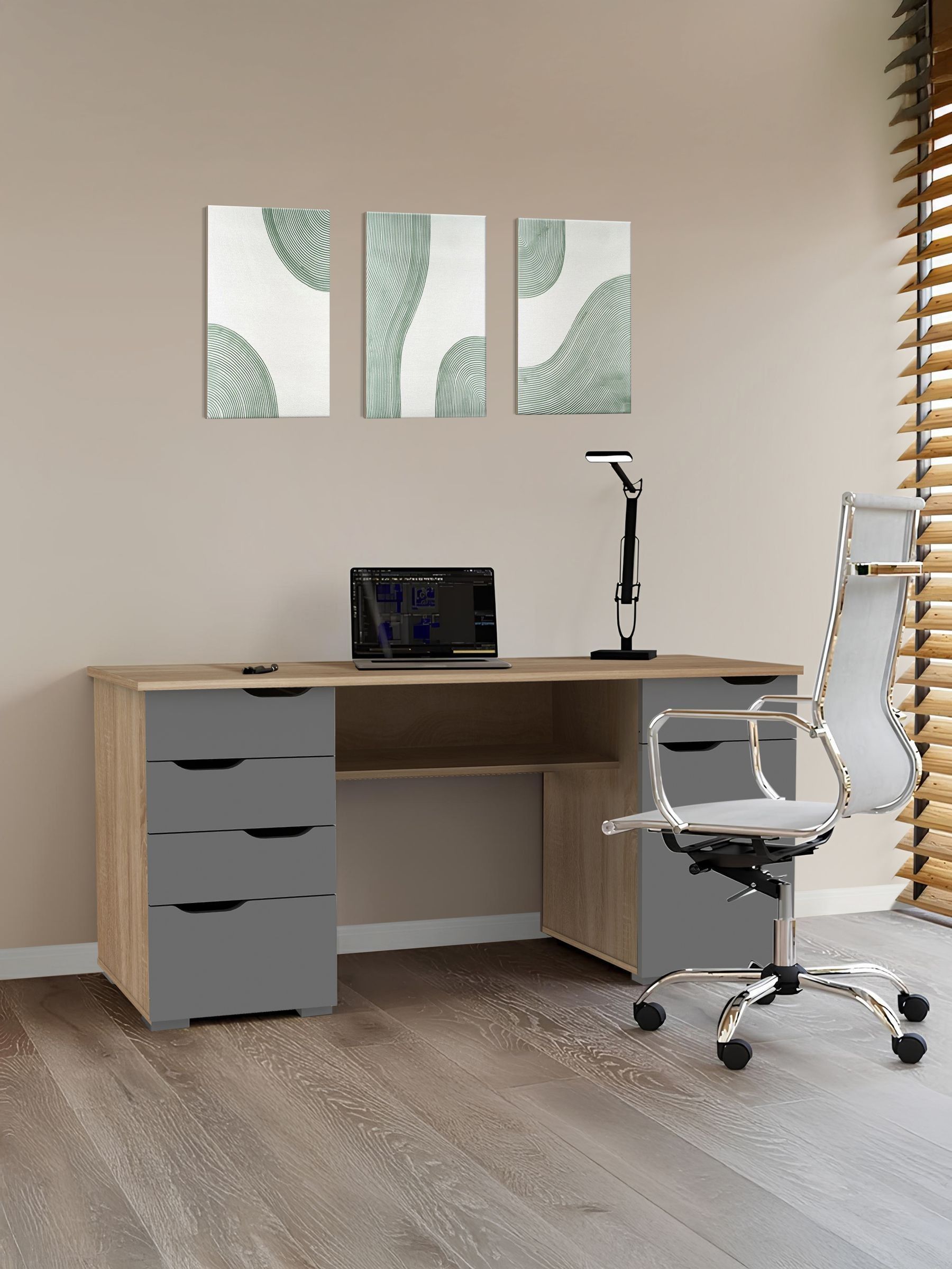Alphason Kentucky Desk - Light Oak Effect with Grey Gloss Drawer Fronts - Brown - Extra Large - Image 4