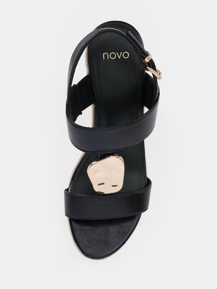 Novo Black Wide Fit Bethany Hardware Detail Strap Wedge Sandals - Image 6 of 6 Novo Black Wide Fit Bethany Hardware Detail Strap Wedge Sandals - Image 6 of 6