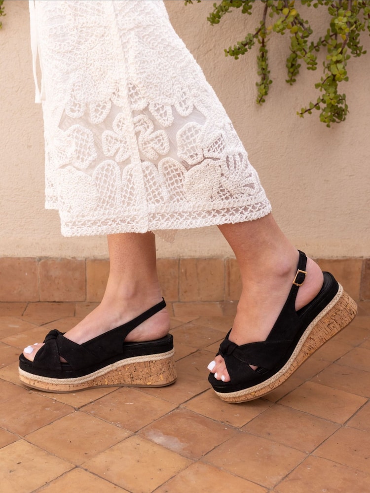 Novo Black Wide Fit Billie Mid Wedge Knot Slingback Sandals - Image 1 of 6 Novo Black Wide Fit Billie Mid Wedge Knot Slingback Sandals - Image 1 of 6