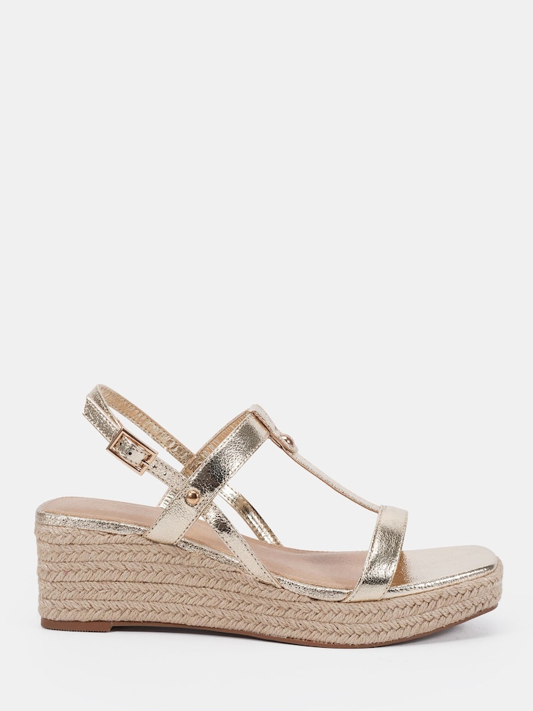 Novo Gold Bridie Low Wedge T Bar Espadrille Sandals - Image 2 of 6