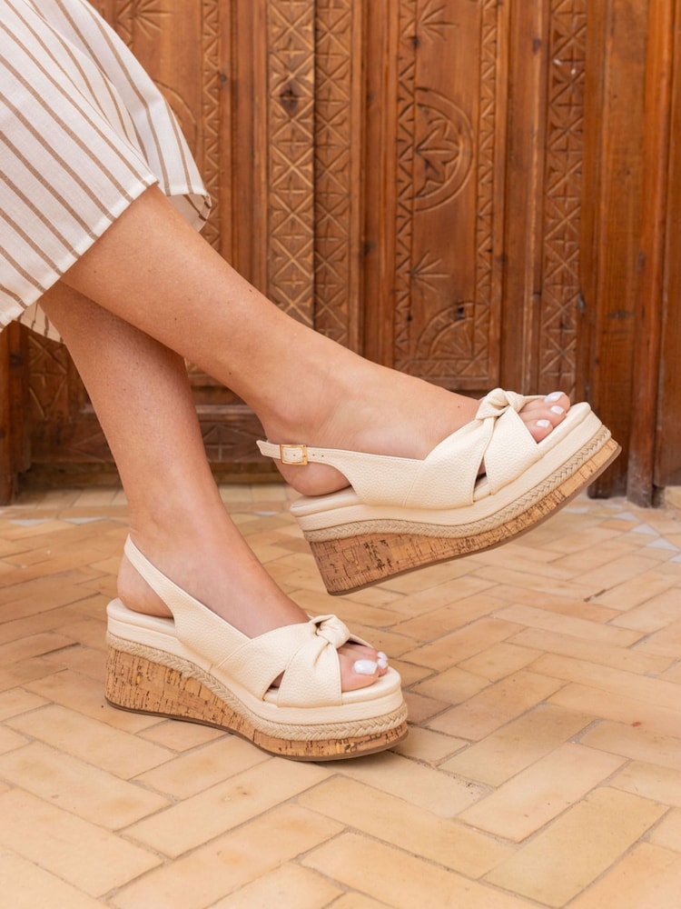 Novo White Wide Fit Billie Mid Wedge Knot Slingback Sandals - Image 1 of 6 Novo White Wide Fit Billie Mid Wedge Knot Slingback Sandals - Image 1 of 6