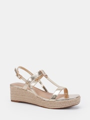 Novo Gold Wide Fit Bridie Low Wedge T Bar Espadrille Sandals - Image 3 of 6