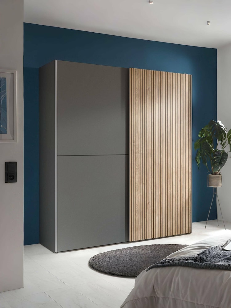 Julian Bowen Light Oak and Dark Grey Berno Sliding Door Wardrobe - Image 1 of 14