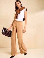 Friends Like These Beige Belted Tailored Wide Leg Trousers - Image 4 of 5