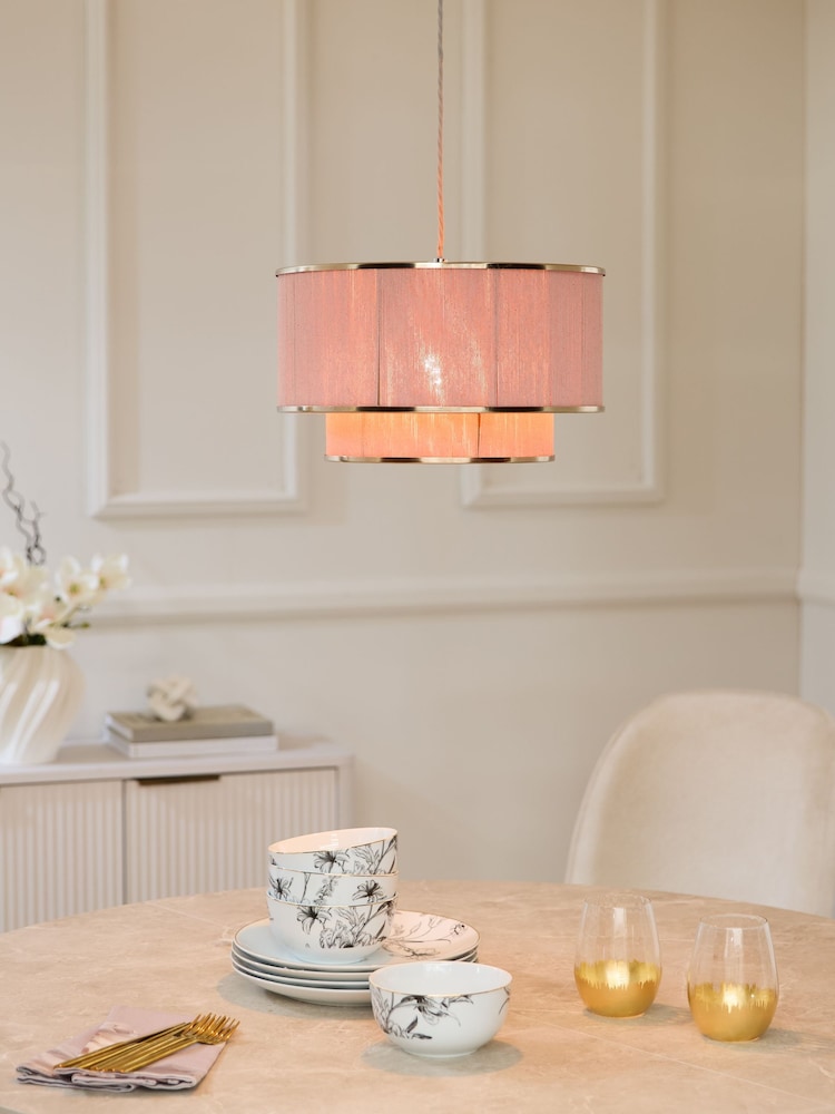 Lipsy Pink Wrapped 2 Tier Easyfit Shade Ceiling Light - Image 1 of 5 Lipsy Pink Wrapped 2 Tier Easyfit Shade Ceiling Light - Image 1 of 5