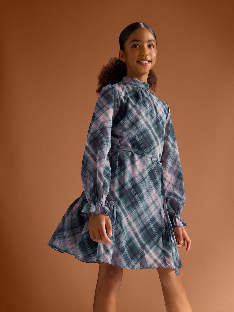 Lipsy Blue Chiffon Long Sleeve Check Dress (5-16yrs) - Image 1 of 6