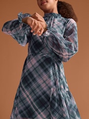 Lipsy Blue Chiffon Long Sleeve Check Dress (5-16yrs) - Image 4 of 6