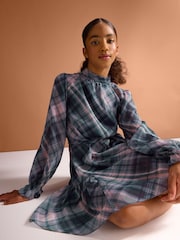 Lipsy Blue Chiffon Long Sleeve Check Dress (5-16yrs) - Image 5 of 6