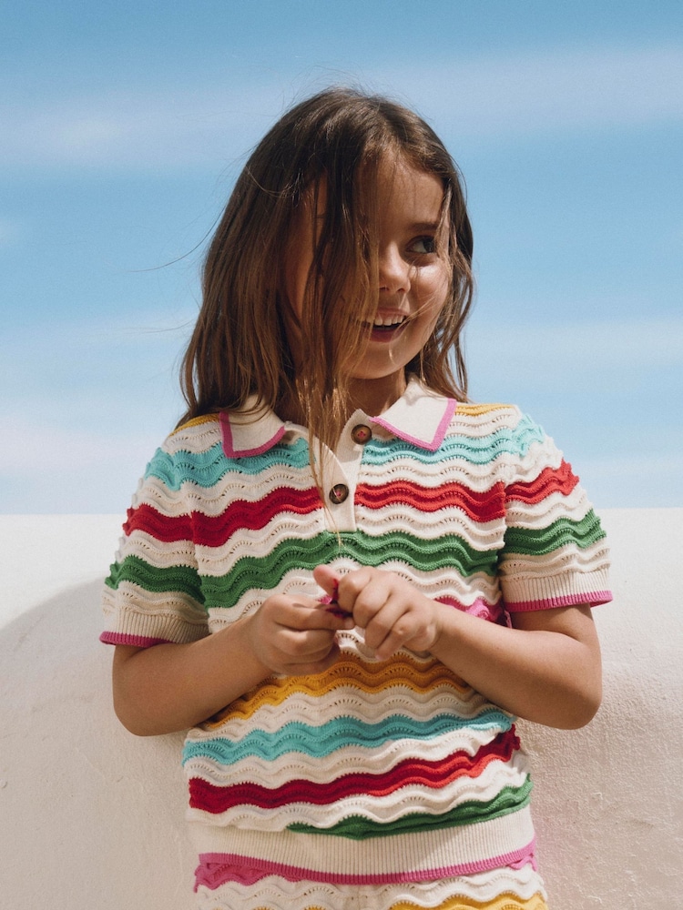 Boden Cream Pointelle Knitted Polo Top - Image 1 of 4