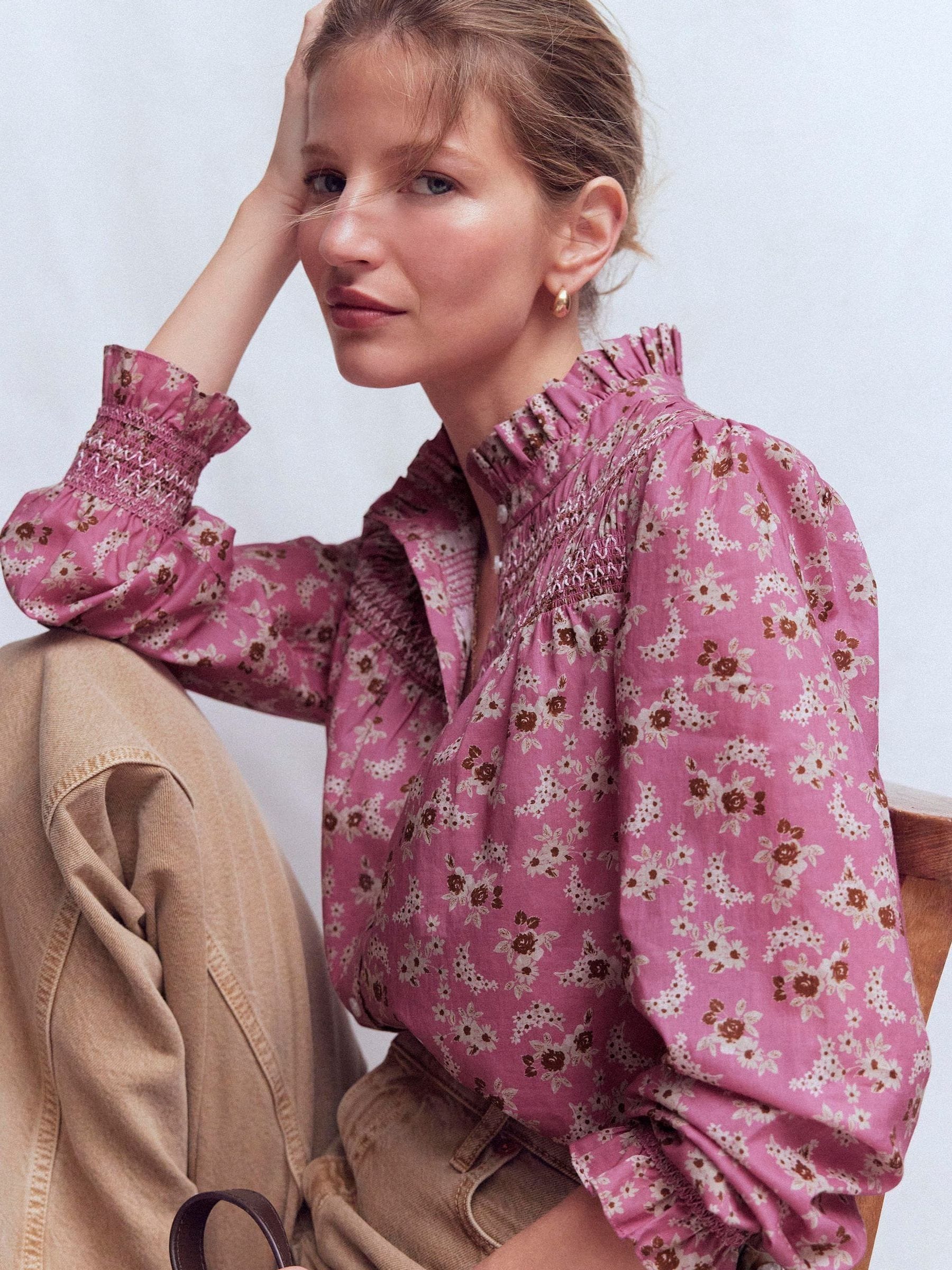 Buy Boden Pink Esme Smocked Detail Frill Top from the Next UK