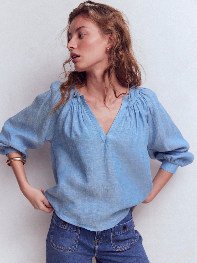 Boden Blue Serena Pleat Neck Linen Top - Image 1 of 4