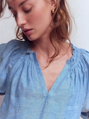 Boden Blue Serena Pleat Neck Linen Top - Image 2 of 4