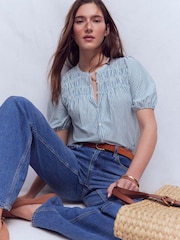 Boden Blue Mya Short Sleeve Smocked Shirt - Image 1 of 5