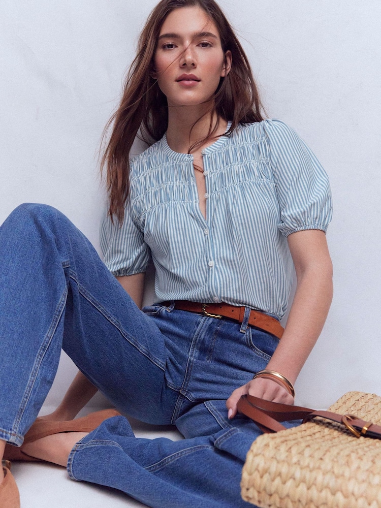 Boden Blue Mya Short Sleeve Smocked Shirt - Image 1 of 5