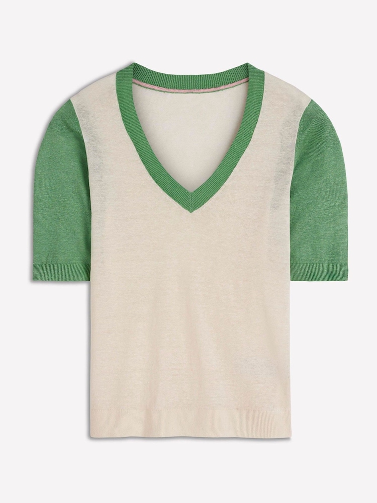 Boden Cream Agnes Linen V-Neck T-Shirt - Image 6 of 6
