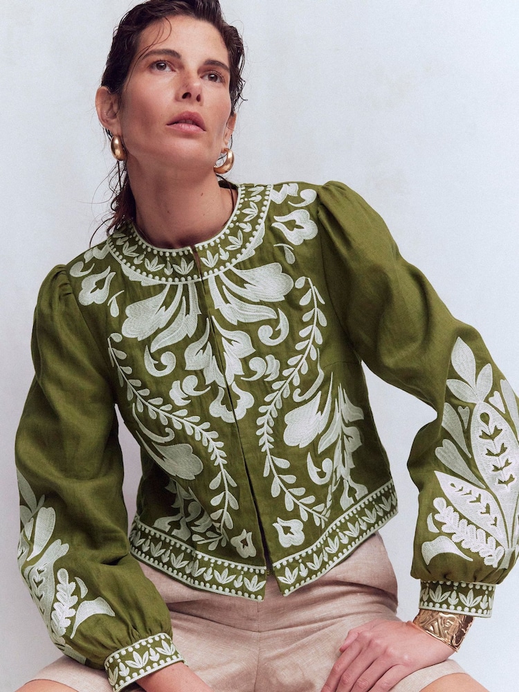 Boden Green Embroidered Linen Jacket - Image 1 of 7
