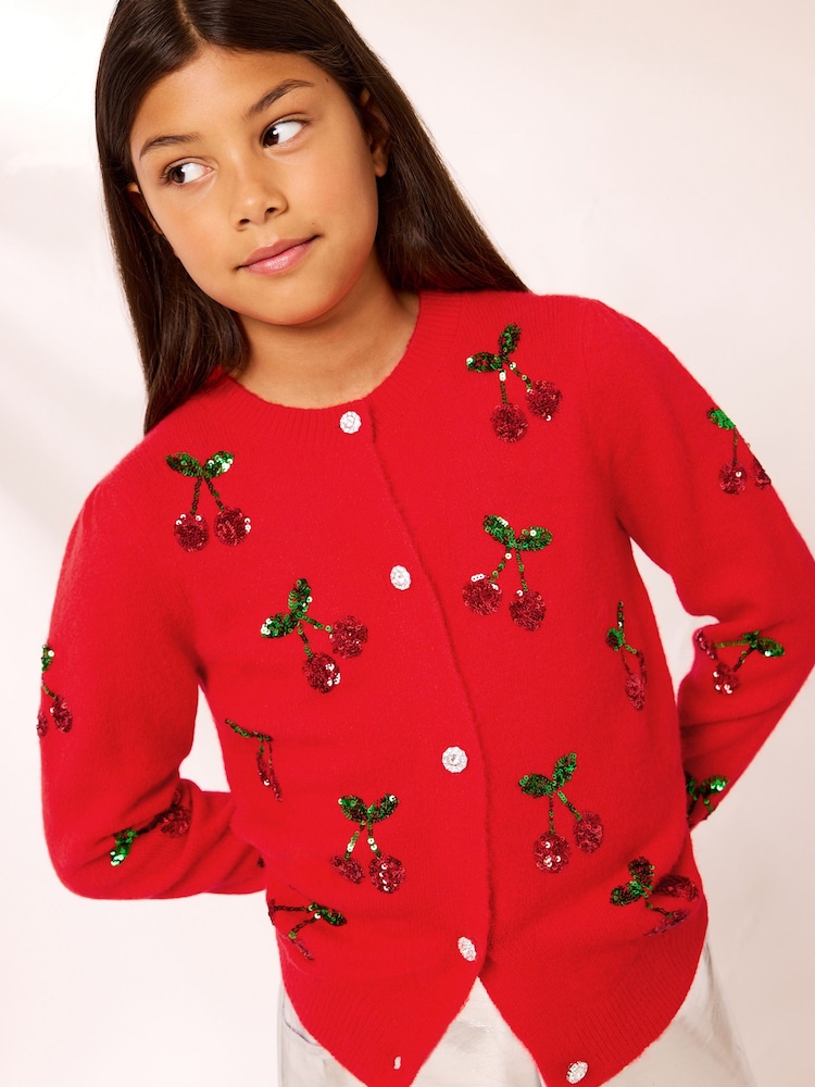 レッド チェリー - Lipsy Sequin Embellished Knit Cardigan (5-16yrs) - 画像 1 / 4