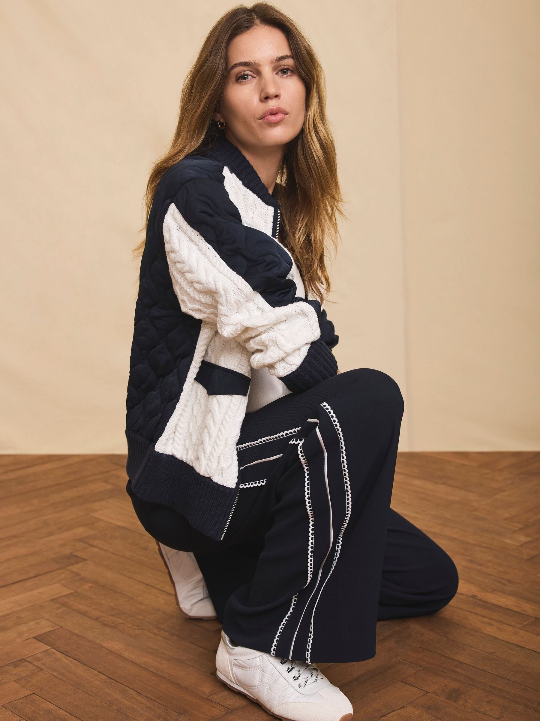 Buy Mint Velvet Navy Blue Scallop Side Stripe Wide Trousers from