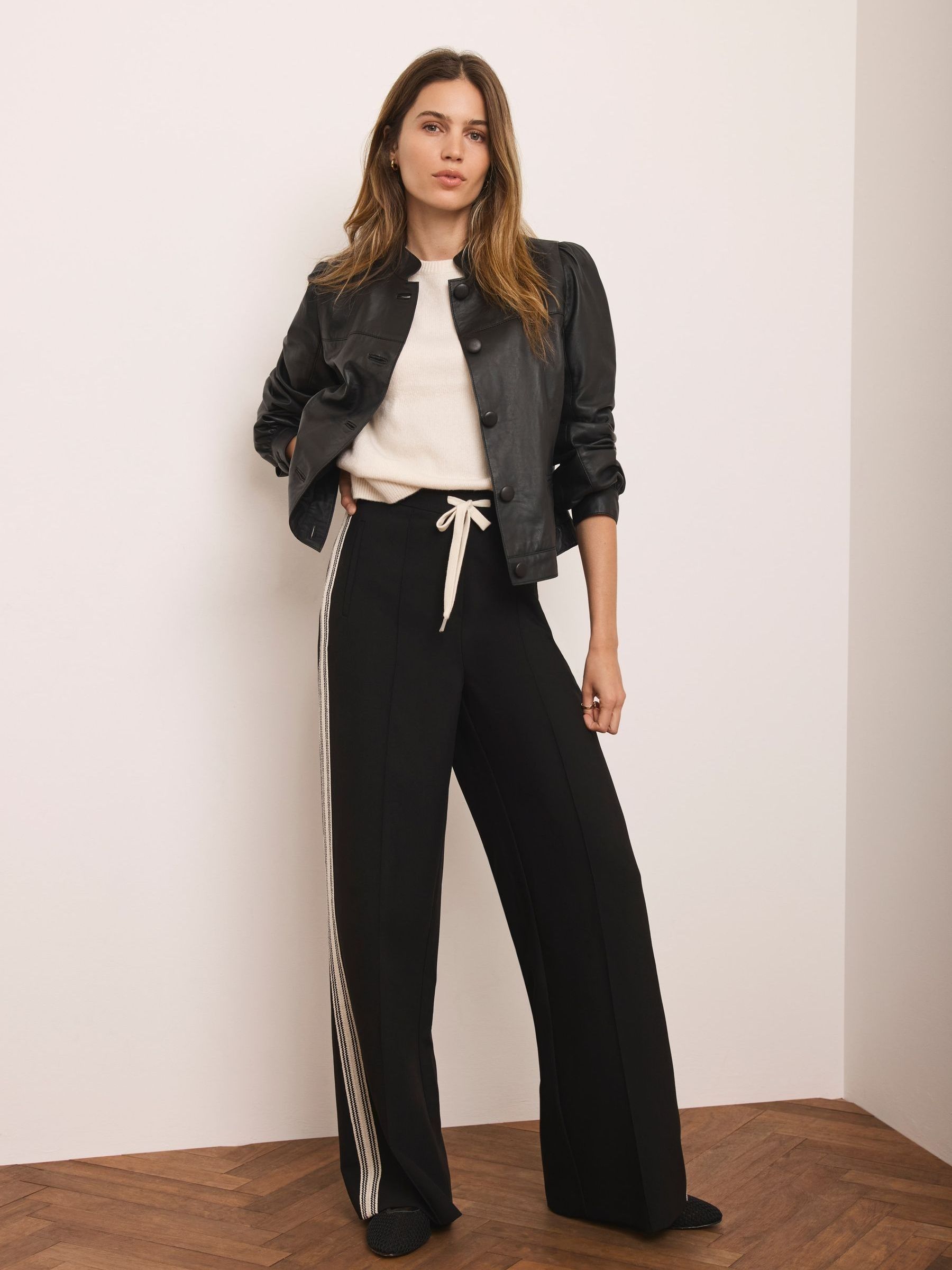 Buy Mint Velvet Black Crochet Side Stripe Wide Trousers from the