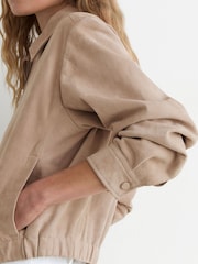 Reiss Neutral Lottie Suede Petite Suede Cropped Bomber Jacket - Image 1 of 8