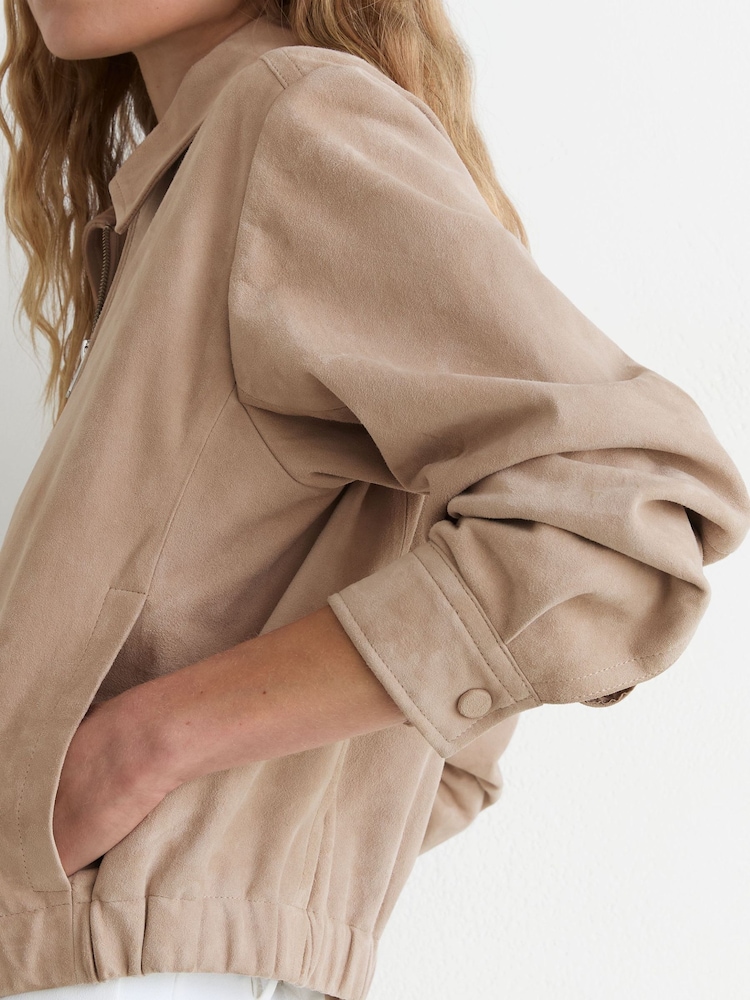 Reiss Neutral Lottie Suede Petite Suede Cropped Bomber Jacket - Image 1 of 8