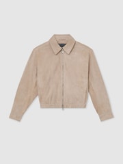 Reiss Neutral Lottie Suede Petite Suede Cropped Bomber Jacket - Image 2 of 8