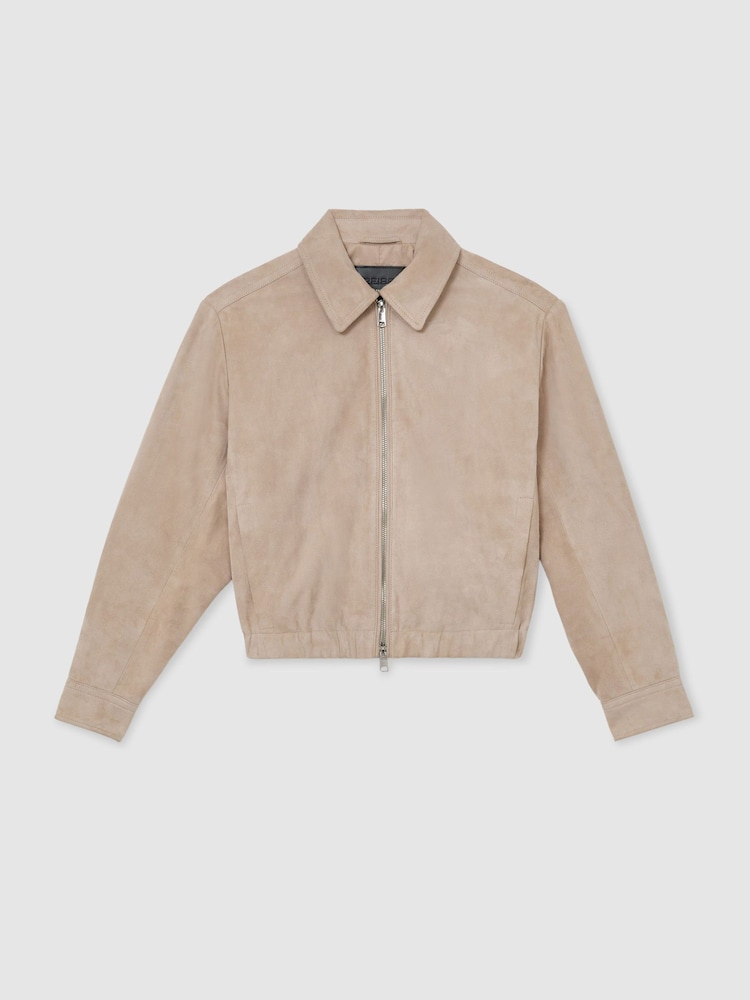 Reiss Neutral Lottie Suede Petite Suede Cropped Bomber Jacket - Image 2 of 8