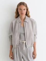 Reiss Light Grey Lottie Suede Suede Cropped Bomber Jacket - Image 1 of 5