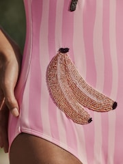 Pink/Cream Stripe Beaded Embellished Tummy Control Scoop Swimsuit - Image 4 of 10