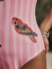 Pink/Cream Stripe Beaded Embellished Tummy Control Scoop Swimsuit - Image 5 of 10