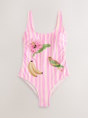 Pink/Cream Stripe Beaded Embellished Tummy Control Scoop Swimsuit - Image 6 of 10