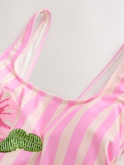 Pink/Cream Stripe Beaded Embellished Tummy Control Scoop Swimsuit - Image 7 of 10
