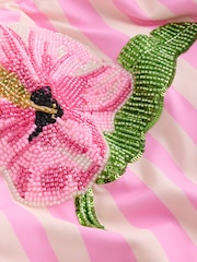 Pink/Cream Stripe Beaded Embellished Tummy Control Scoop Swimsuit - Image 8 of 10