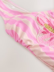 Pink/Cream Stripe Beaded Embellished Tummy Control Scoop Swimsuit - Image 9 of 10
