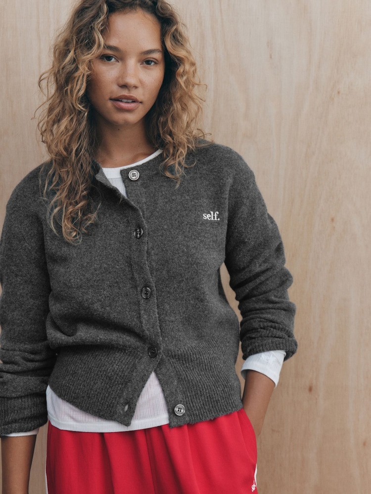 self. Charcoal Grey Knitted Collarless Cardigan - Image 1 of 9