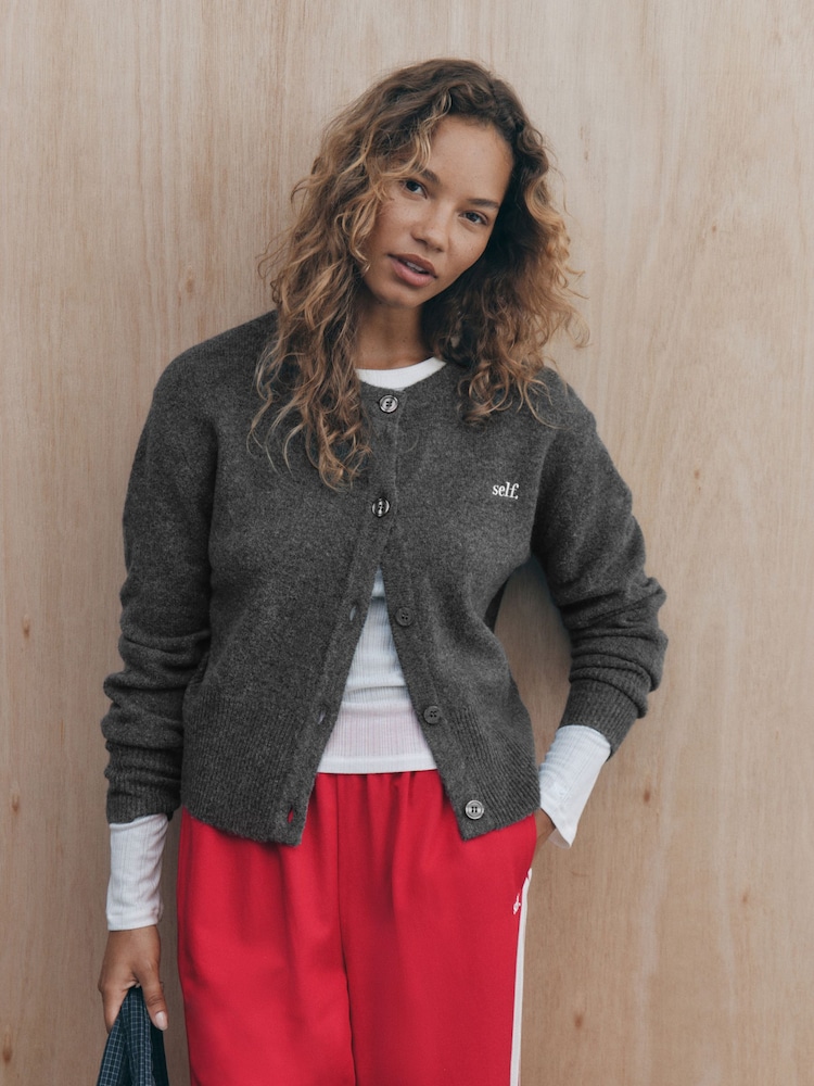 self. Charcoal Grey Knitted Collarless Cardigan - Image 2 of 9